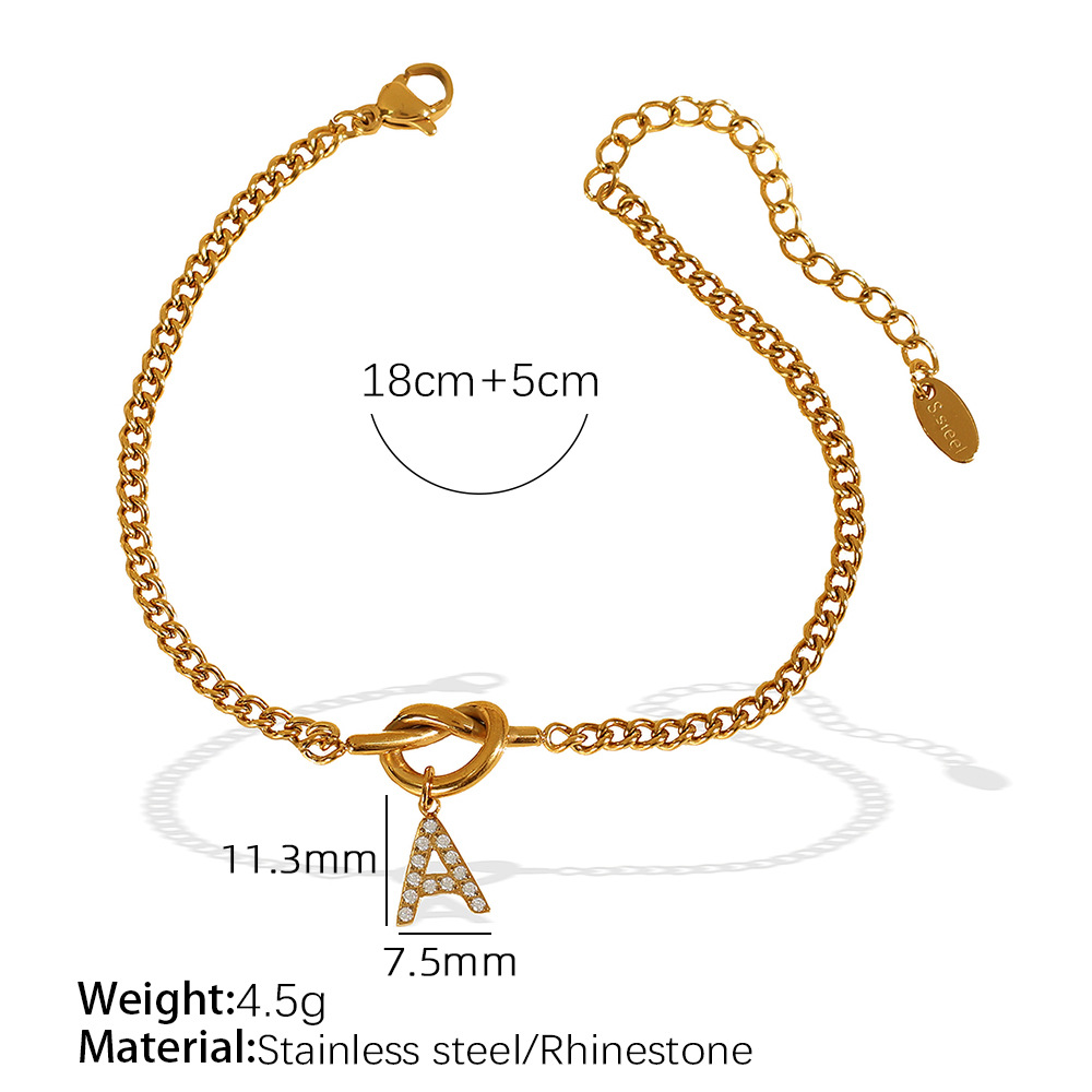 Gold color / 1 Piece Simple Series Simple Letter A Stainless Steel 18K Gold Color Plated Rhinestone Women's Charm Bracelets 